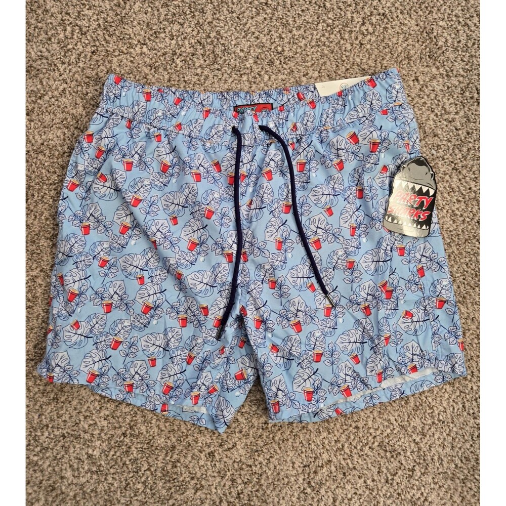 PARTY SHARKS Swim Trunks Size XL Blue Palm Solo Red Cups Print *NWT*